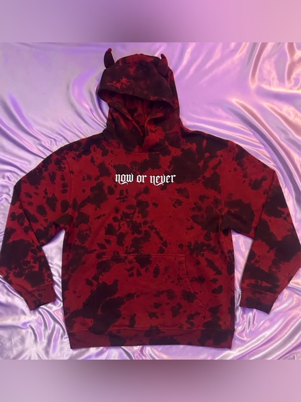 Gothic Devil Horn Tie Dye Hoodie "Now Or Never" Mall Goth Alt streetwear L